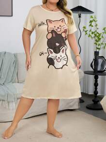 Cute Cat Embroidery Short Sleeve Plus Size Knit Nightgown - Multicolor - View 4