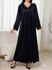 Al Najma V-Neck Embellished Feather & Ribbon Trim Dress - Royal Blue - View 5