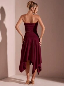 SHEIN BAE 女士纯色褶皱抹胸上衣 + 不对称高开叉不对称下摆裙子，夏季 - 酒紅色 - 查看 2