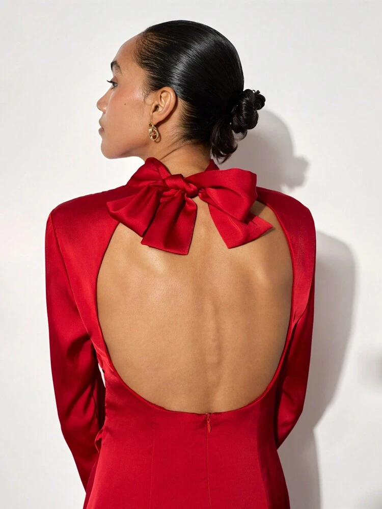 SHEIN Maija Women's Elegant Satin Stand Collar Ribbon Tie Side Ruched Cutout Back Christmas Party Fitted Mini Dress, Long Sleeve, Autumn/Winter Valentine's Day
