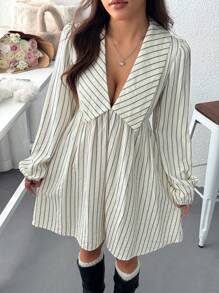 SHEIN EZwear 女士 V 领长袖条纹休闲短裙 - 淺藍色 - 查看 4