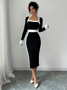 Elenzga Vestido largo de mujer con diseño de botones y bloques de color