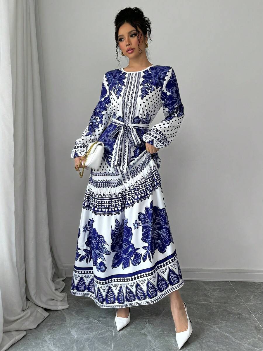 SHEIN Elenzya Robe vintage ample à taille marquée pour femmes avec imprimé classique, tenue maxi