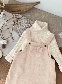 SHEIN LMoss Kids LMoss 女婴秋冬可爱米色灯芯绒百搭套头连衣裙，配有吊带 - 杏色 - 查看 4