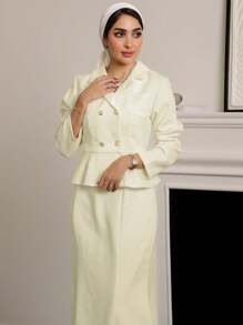 Modelyn 2pcs/Set Women Fall Plain Collar Jacket And High-End Skirt Apricot Suit 2 Pieces Set