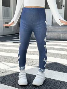 SHEIN Young Girl Butterfly Pattern Knitted Leggings - Blue - View 6