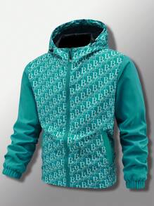 Manfinity Homme Jaket Pria Lengan Panjang Berkerudung dengan Motif Huruf dan Potongan Longgar - MultiWarna - View 3
