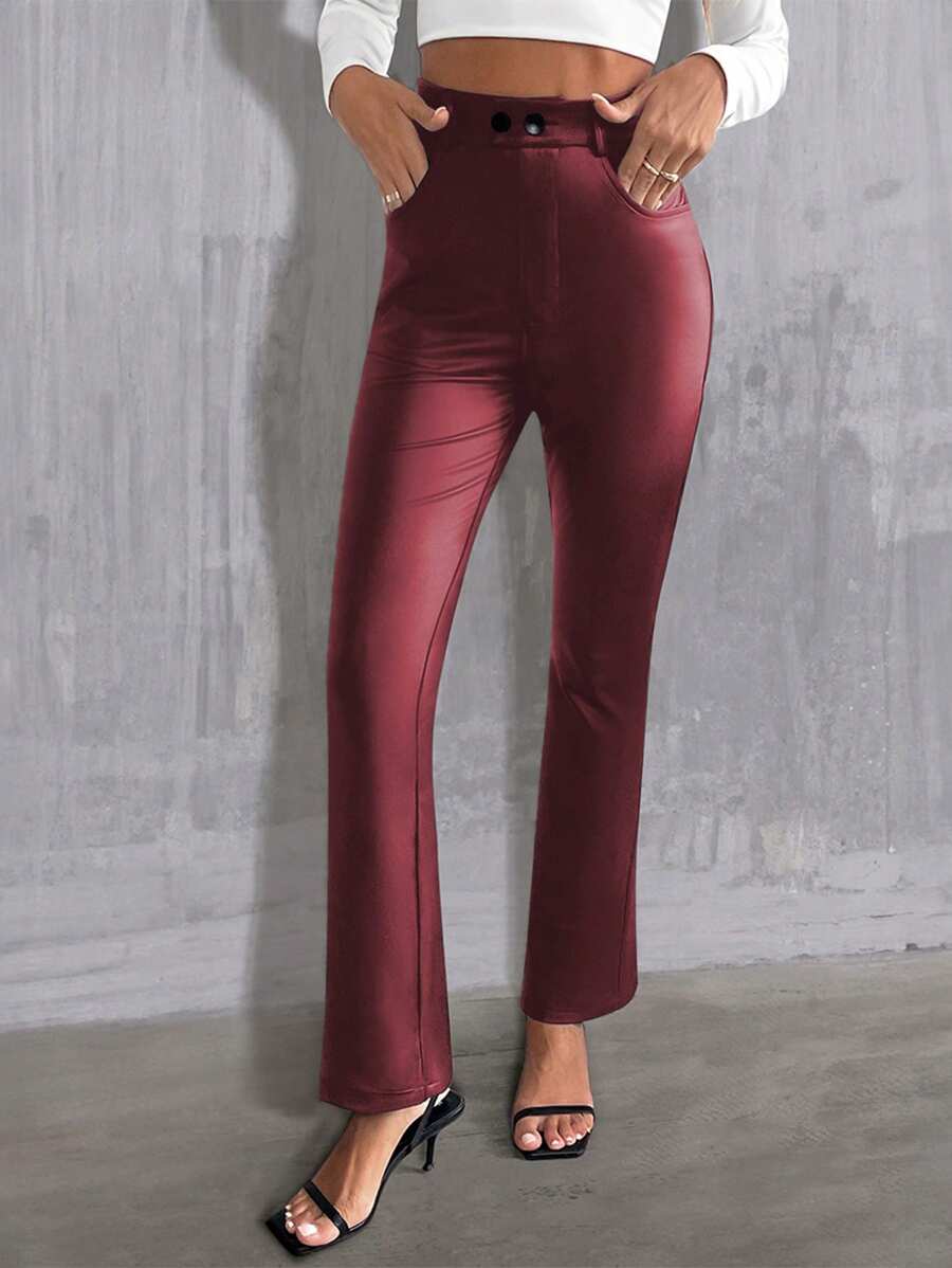 SHEIN Clasi Quần ống loe giả da bó sát thường ngày thu đông dành cho nữ cho trang phục năm mới - Đỏ - Xem 1