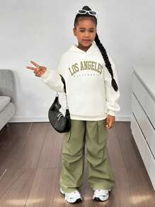 SHEIN Leap Crew Tween Girl 字母图案羊毛连帽衫，带口袋和罗纹裤 2 件套，休闲学院风，时尚，适合秋冬季