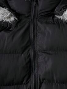SHEIN EZwear 女士冬季纯色长袖拉链领毛绒连帽休闲棉服外套 - 黑色 - 查看 7