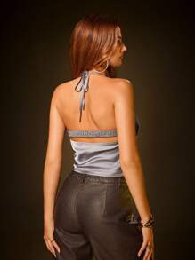 SHEIN SXY Going Out Sexy Backless Satin Sequined Deep V Halter Camisole, Good For Party, New Year Party
