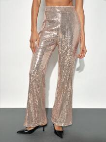 Maija Women's Apricot Elastic Waist Wide Leg Sequin Pants, Loose Fit Elegant Urban Party Wear, Suitable For All Seasons - Apricot - View 7