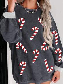 INAWLY Women's Casual Drop Shoulder Loose Fit All Over Christmas Print Fleece Sweatshirt, Autumn Pullover Fall