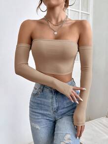 SHEIN PETITE Top corto a spalle scoperte tinta unita, per donne di piccola statura - Moka Marrone - Visualizzare 4