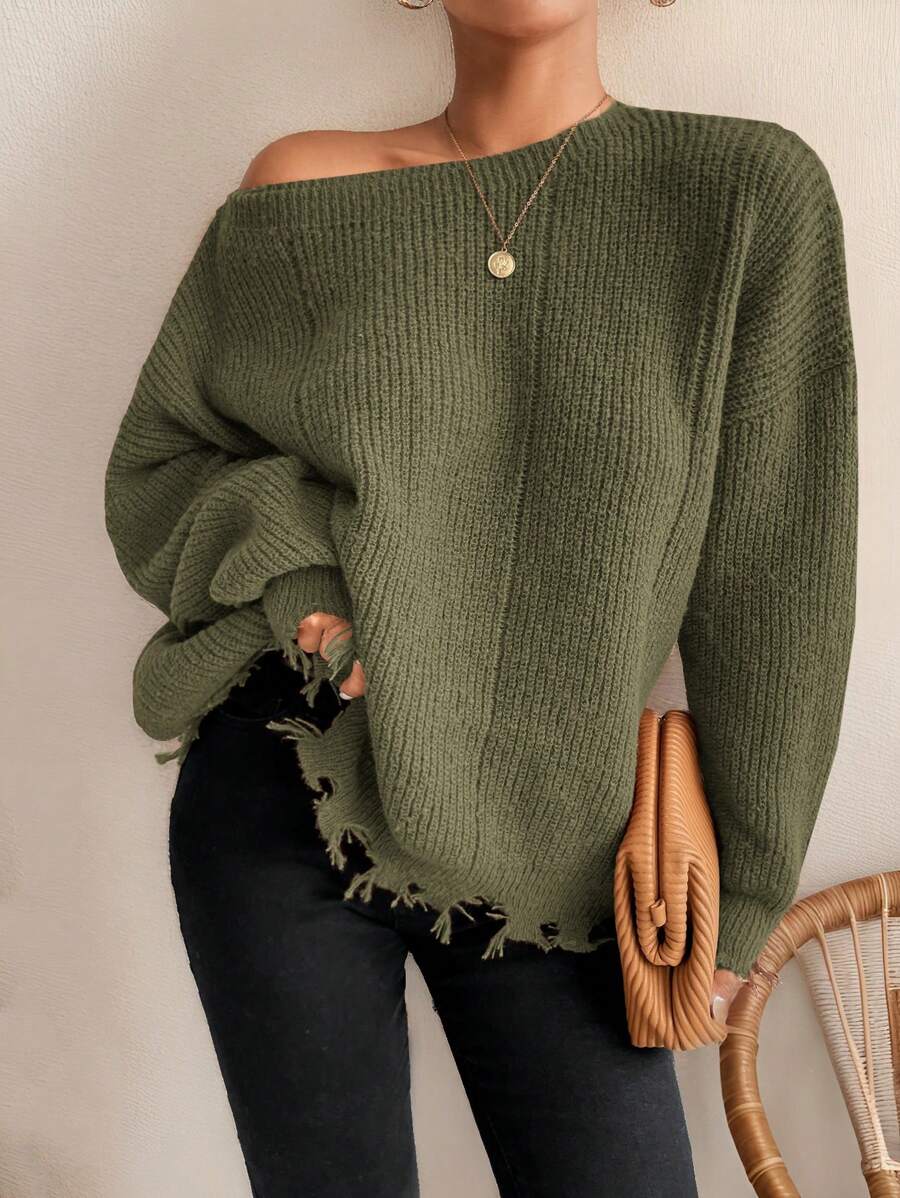 SHEIN VCAY Plus Size Women Casual Plus Size Loose Dropped Shoulder Distressed Detail Pullover Sweater, Brown, Autumn/Winter - Army Green - View 1