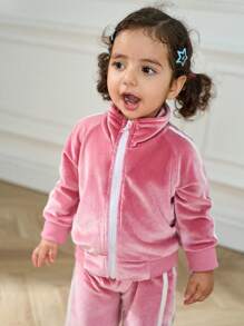 2pcs/Set Baby Girl Girls Velvet Casual Loose Solid Color Jacket And Pants Sports Suit - Pink - View 12