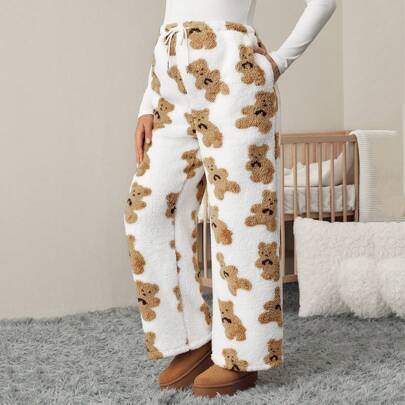 임산부용 카툰 곰 프린트 끈 허리 푹신한 루즈핏 와이드 레그 팬츠, 가을/겨울