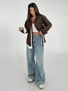 Flirla Chaqueta bomber casual de parchwork a rayas para mujer