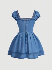 SHEIN MOD Women's Pleated Simple Short Sleeve Short Denim Dress, Casual For Daily Wear - Blue - View 2