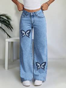 Quần jean ống đứng lưng thấp in họa tiết bướm dành cho nữ - Rửa trung bình - Xem 1