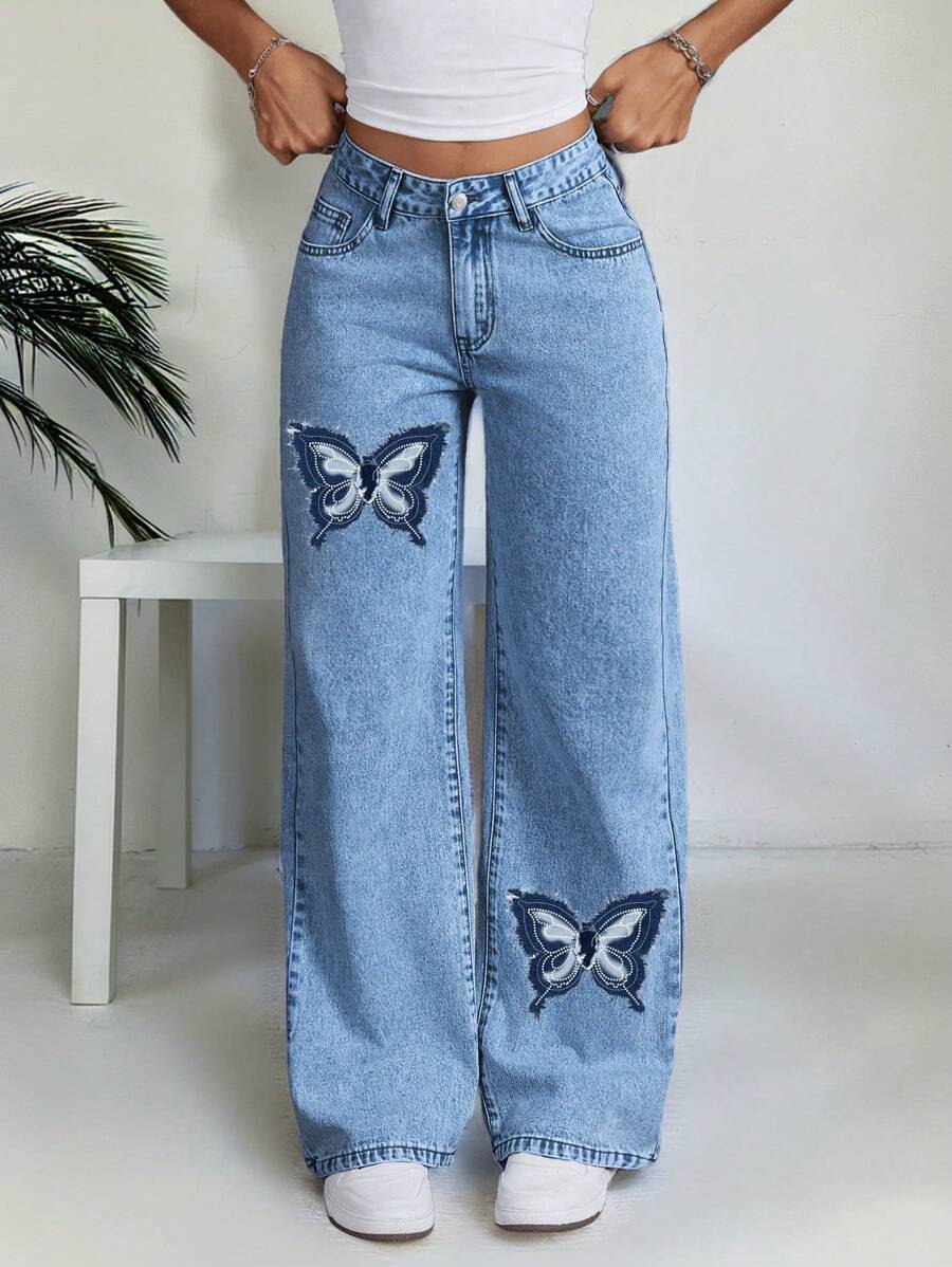Quần jean ống đứng lưng thấp in họa tiết bướm dành cho nữ - Rửa trung bình - Xem 1