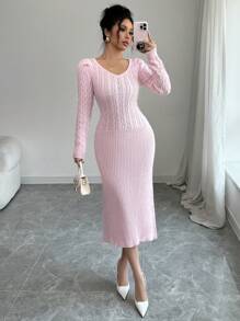 Chiquease 全新秋冬修身优雅柔软泡泡袖针织女士毛衣连衣裙 - 粉色 - 查看 2