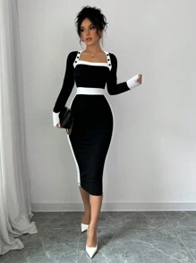 Elenzga Vestido largo de mujer con diseño de botones y bloques de color