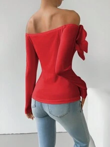 Calvaya Vrouwen Off Shoulder Effen Kleur 3D Bloemen Lange Mouw Slim Fit Elegant T-shirt Voor Nieuwjaarskleding