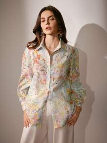 Anewsta Women's Fashion Floral Embroidery Long Sleeve Single-Breasted Loose Blouse, Autumn Women Shirt