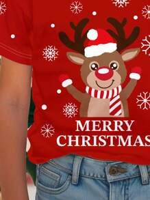 SHEIN Áo thun tay ngắn cổ tròn tối giản thường ngày cho bé gái Giáng sinh, phù hợp cho mùa hè - trắng - Xem 3