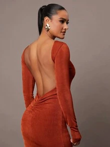 Silquee Women's Autumn And Winter Long Sleeve Simple Daily Date Elegant Party Solid Color High Quality Chestnut Brown Glitter Stretch Knit Women's Midi Dress Sexy Backless, Long Dress Suitable For Cocktail Party, Romantic Date Party, Formal Party, Wedding, Bridesmaid Dress, Evening Dress, Halloween Dress , Christmas Holiday Dress, Super Photogenic