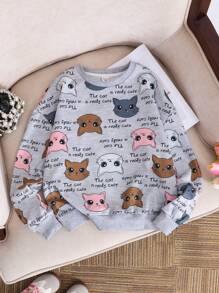SHEIN Áo nỉ dài tay cổ tròn in hình mèo, dáng rộng thoải mái cho bé gái tuổi teen, thiết kế đơn giản và dễ chịu. - Màu Xám nhạt - Xem 1