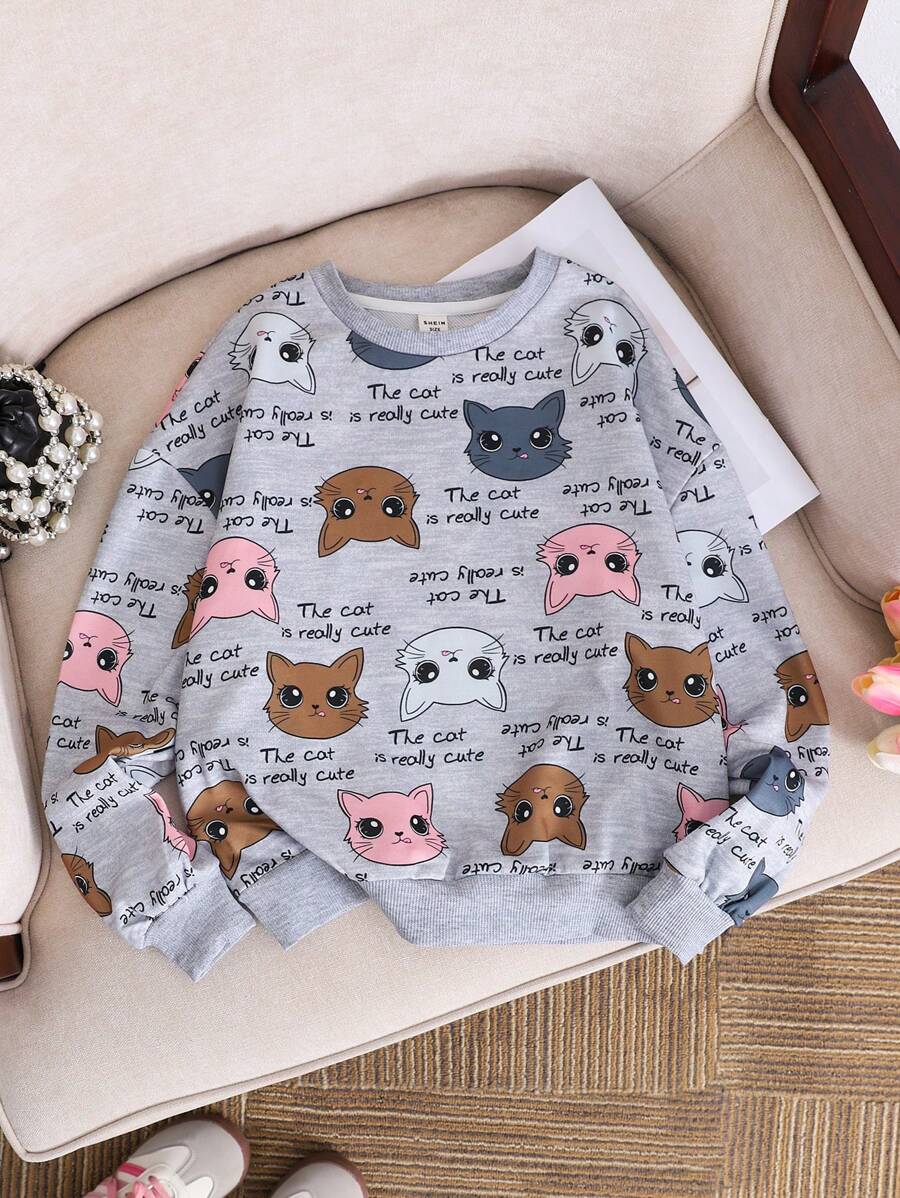 SHEIN Áo nỉ dài tay cổ tròn in hình mèo, dáng rộng thoải mái cho bé gái tuổi teen, thiết kế đơn giản và dễ chịu. - Màu Xám nhạt - Xem 1