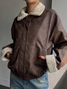 DAZY 女士立领拉链长袖休闲日常时尚外套，冬季女装，冬季女式外套，秋季女式皮夹克 - 棕色 - 查看 6