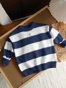 LMoss Kids LMoss 1pc Young Boys Casual Cute Collegiate Striped Oversized High Neck Warm Sweater, Suitable For Wear, School, Daily Gatherings, Christmas, Autumn/Winter