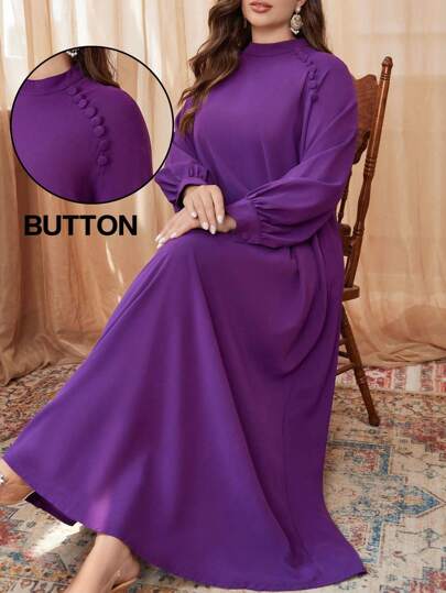 Al Najma Damen Große Größen Lässig einfarbiges Kleid mit Knopf-Dekor, Langarm, locker geschnitten, dezent, für Frühling und Herbst