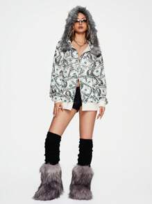 ROMWE Y2K Abby Street Fashion Forward Dollar Bill Print Bling Fuzzy Cap & Loose Women Sweatshirt