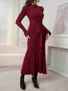 Modelyn Váy len dệt kim dài tay cổ đứng màu trơn buộc phía trước thường ngày cho nữ mùa đông - Màu be - Xem 5