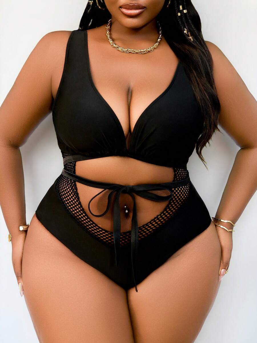 SHEIN Slayr CURVE Plus Size Black Sexy Mesh Splice Hollow One-Piece Swimsuit Summer