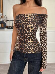 SHEIN EZwear Women's Leopard Print One Shoulder Long Sleeve Casual T-Shirt, Daily Wear - Brown - View 3