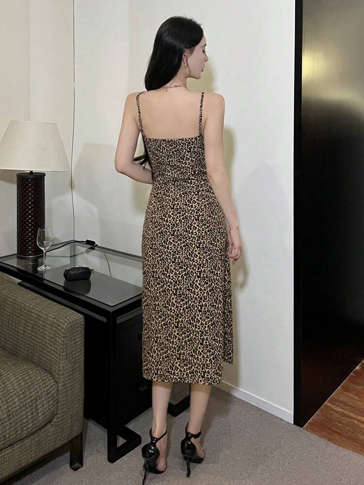 Women's Mid-Length Floral Leopard Print Lace-Up Strap Dress Prom Dress Sundress Cheetah Print, Fall Clothes Elegant Women Dress