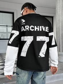 Manfinity Campus Court Aesthetic Post--Oversized Digital Print Men's Round Neck Long Sleeve Casual Sweatshirt With 2 In 1 Design Street Wear Crew Neck Letter Color Block Sweatshirt, For Friends, Husband, Boyfriend Gifts - Black - View 5
