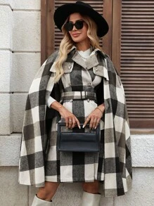 SHEIN Clasi Classic Plaid Open Front Shawl Collar Coat With Belt, Elegant Ladies Jacket For Autumn/Winter Warm - Black and White - View 6