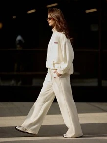 MISSGUIDED Quần dài thể thao Palazzo ống rộng sang trọng có dây rút ở eo Quần áo tập luyện thể thao dạo phố hiện đại Quần áo tập luyện thể thao mùa xuân thu đông - trắng - Xem 3