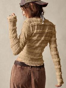 Bohemela Solid Color V-Neck Long Sleeve Fitted Regular Women's Top For Vacation - Khaki - View 8