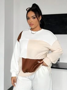 SHEIN EZwear Áo nỉ ghép khối màu cỡ lớn cho nữ - màu nâu - Xem 3