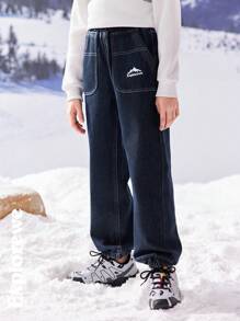 SHEIN Tween 男童字母与山脉印花插袋直筒宽松休闲保暖内衬牛仔裤 - 藍色 - 查看 3