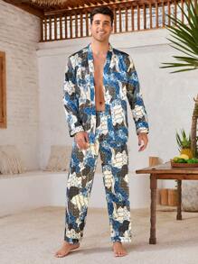 Manfinity ChillVibe 男士前扣长袖衬衫和裤子睡衣套装，全身印花简约家居服 - 彩色 - 查看 5