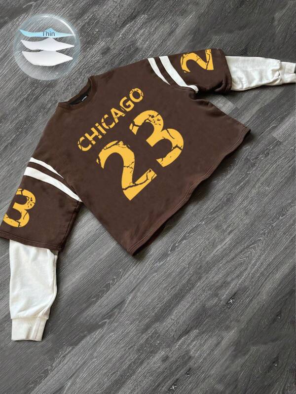 Manfinity Campus Court Felpa casual da uomo con grafica a stampa della lettera Chicago, scollo rotondo, maniche lunghe, a blocchi di colore, per l'autunno, marrone, numero 23