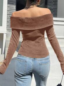 SHEIN EZwear Women Open Shoulder Long Sleeve Crop Top T-Shirt - Camel - View 2